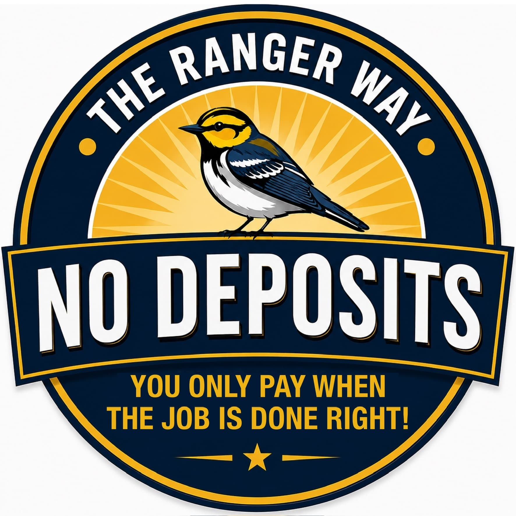The Ranger Way no-deposits badge with golden-cheeked warbler. You only pay when the job is done right.